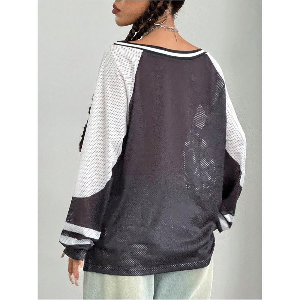 Y2K Mesh Jersey Shirt Women's Oversized Long Sleeve Graphic Tee Casual - Picture 2 of 6